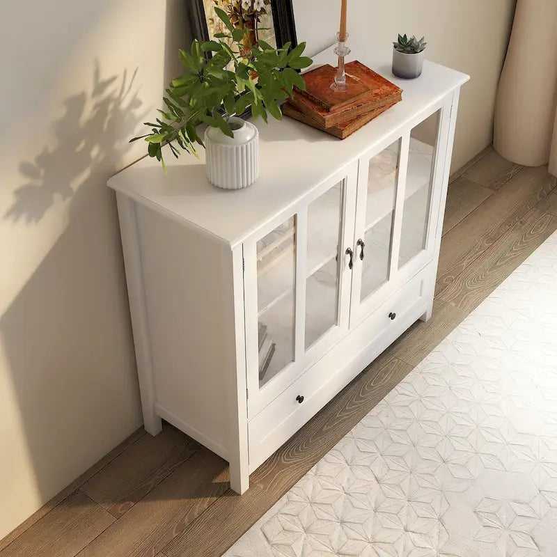 Meuble de rangement buffet avec double porte vitrée et poignée unique en forme de cloche