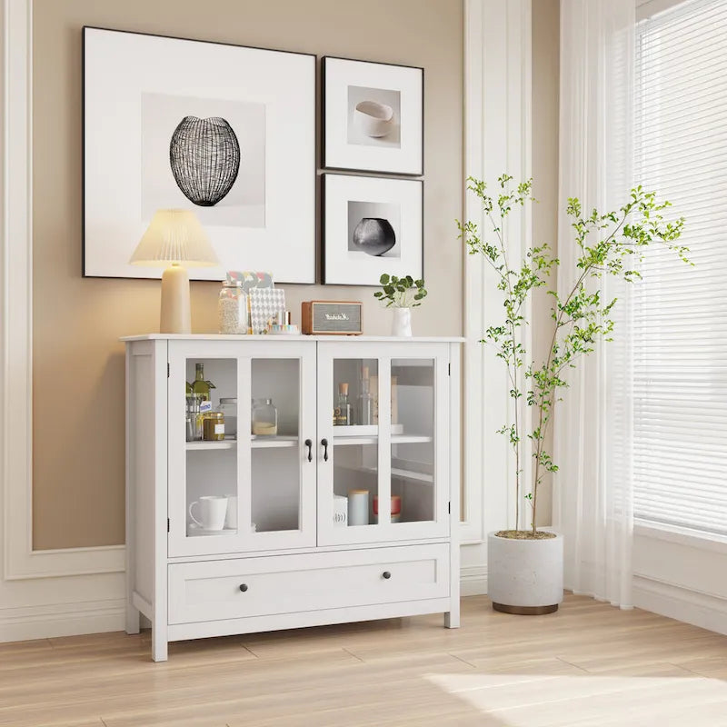 Meuble de rangement buffet avec double porte vitrée et poignée unique en forme de cloche