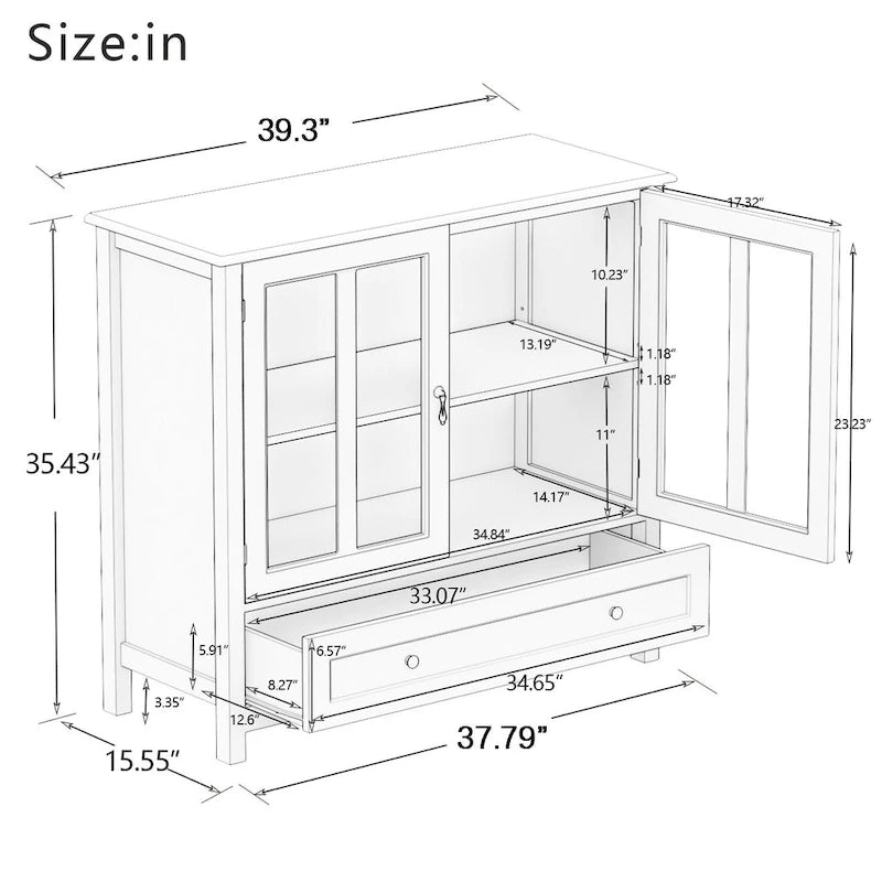 Meuble de rangement buffet avec double porte vitrée et poignée unique en forme de cloche
