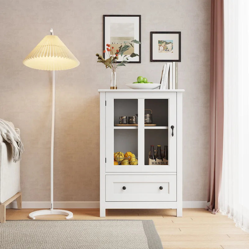 Meuble de rangement buffet avec double porte vitrée et poignée unique en forme de cloche