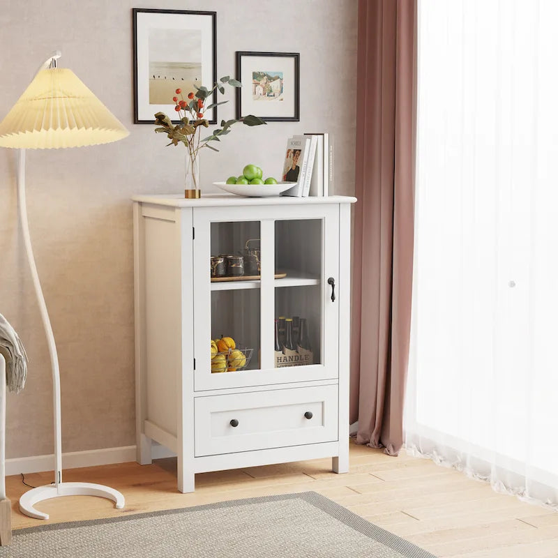 Meuble de rangement buffet avec double porte vitrée et poignée unique en forme de cloche