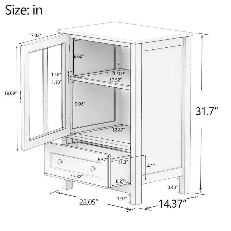 Meuble de rangement buffet avec double porte vitrée et poignée unique en forme de cloche