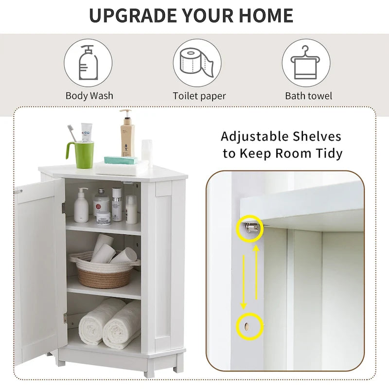Meuble de rangement d'angle triangulaire pour salle de bain en MDF avec étagère réglable