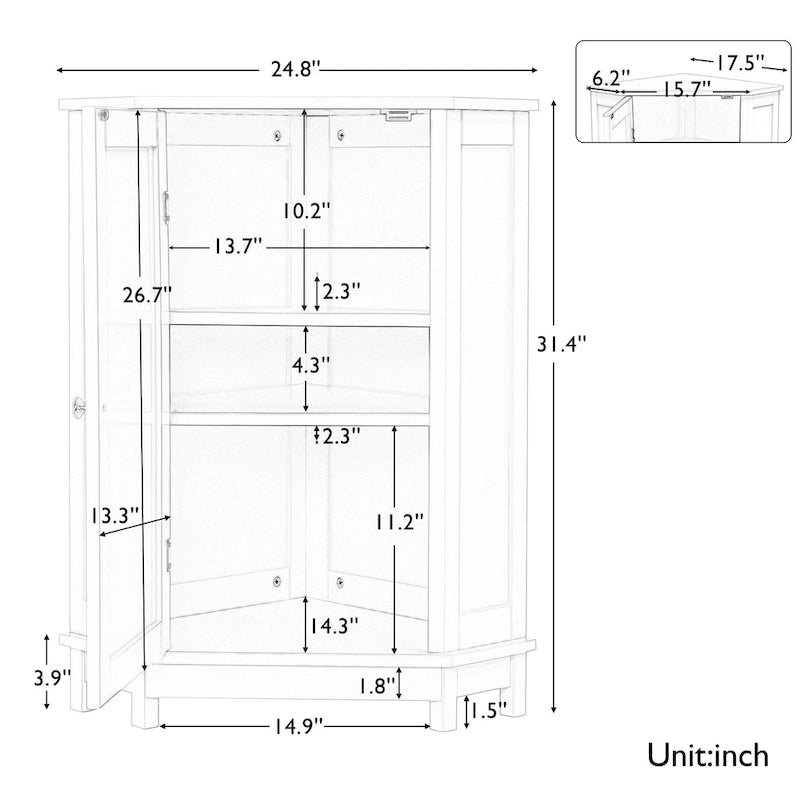 Meuble de rangement d'angle triangulaire pour salle de bain en MDF avec étagère réglable