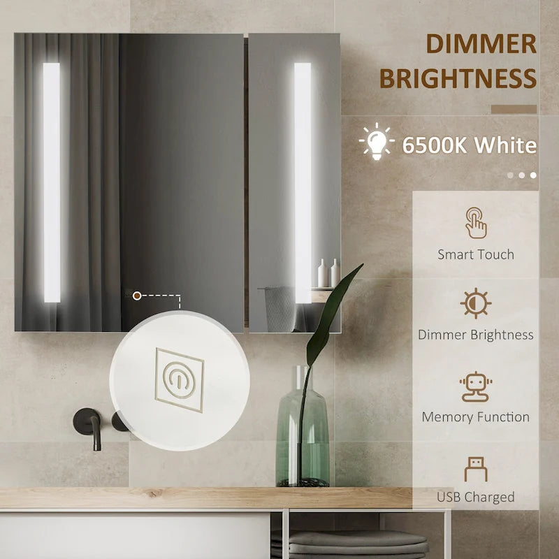 kleankin Armoire de toilette à miroir avec éclairage LED 69,85 cm x 64,77 cm, à intensité variable, à fixer au mur