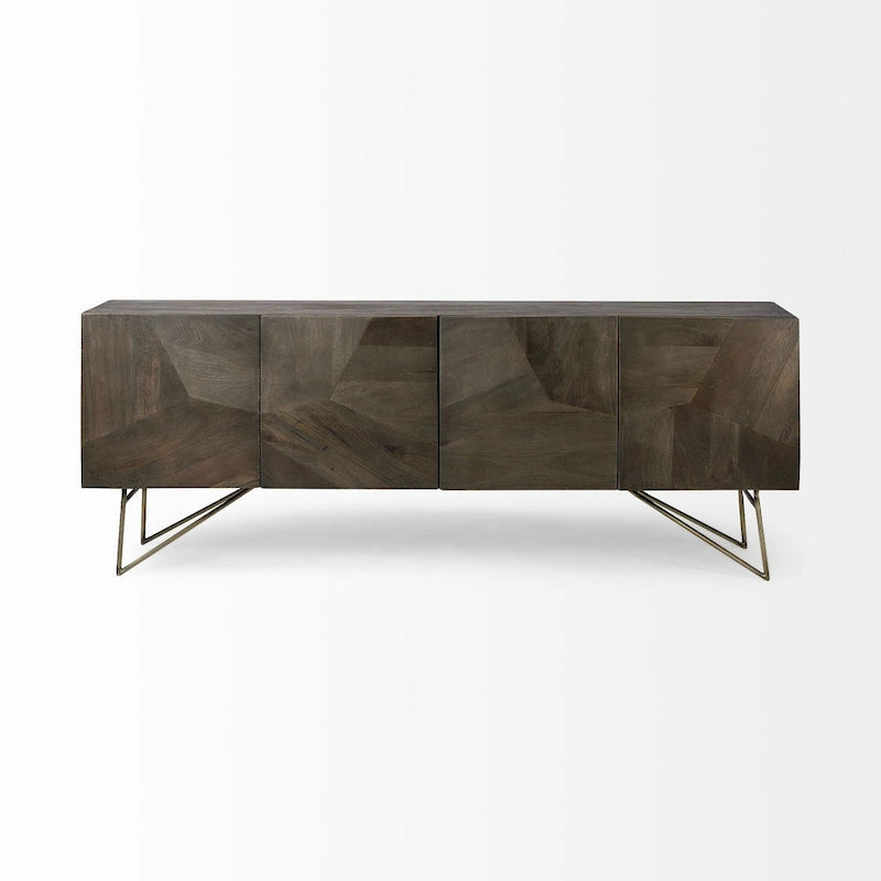 Buffet Darwin Brown en bois massif, base en métal doré, 4 portes – 80.1L x 17.3W x 29.9H