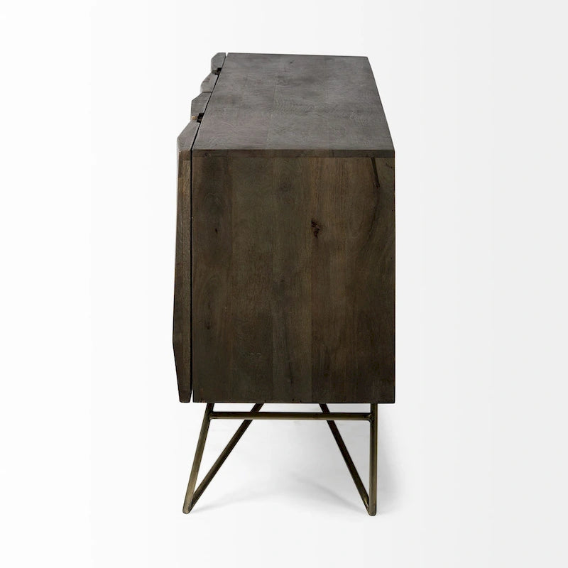 Buffet Darwin Brown en bois massif, base en métal doré, 4 portes – 80.1L x 17.3W x 29.9H