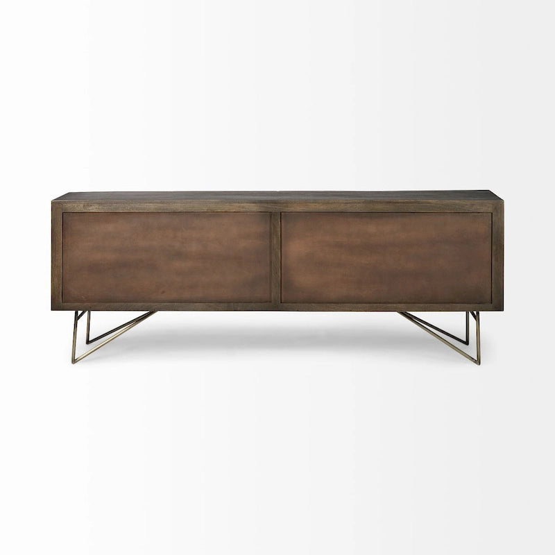 Buffet Darwin Brown en bois massif, base en métal doré, 4 portes – 80.1L x 17.3W x 29.9H