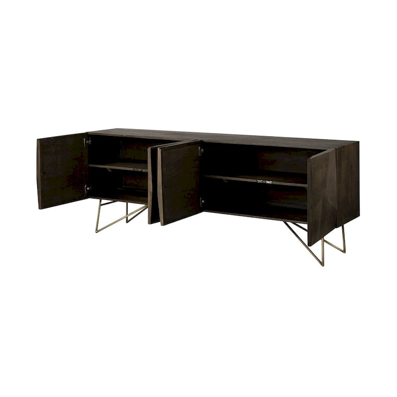 Buffet Darwin Brown en bois massif, base en métal doré, 4 portes – 80.1L x 17.3W x 29.9H