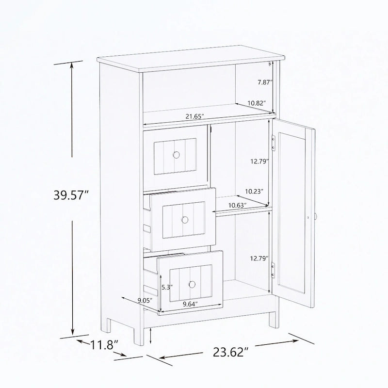 Meuble de rangement de salle de bain sur pied avec 3 tiroirs et 1 porte