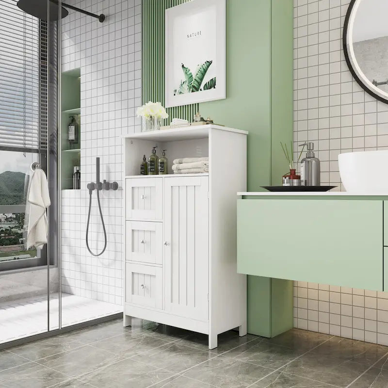 Meuble de rangement de salle de bain sur pied avec 3 tiroirs et 1 porte