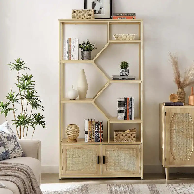 Étagère bibliothèque en rotin à 5 niveaux avec rangement pour salon et bureau