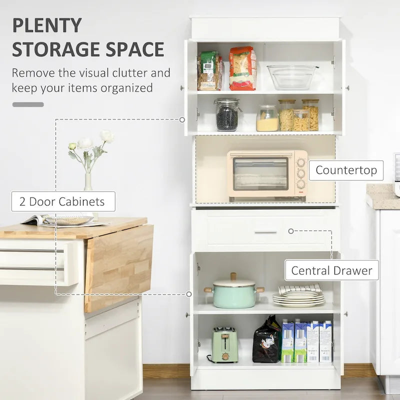 HOMCOM Buffet de cuisine 72" avec huche, Armoire de garde-manger autoportante avec tiroir utilitaire, 2 armoires à portes et comptoir, Marron
