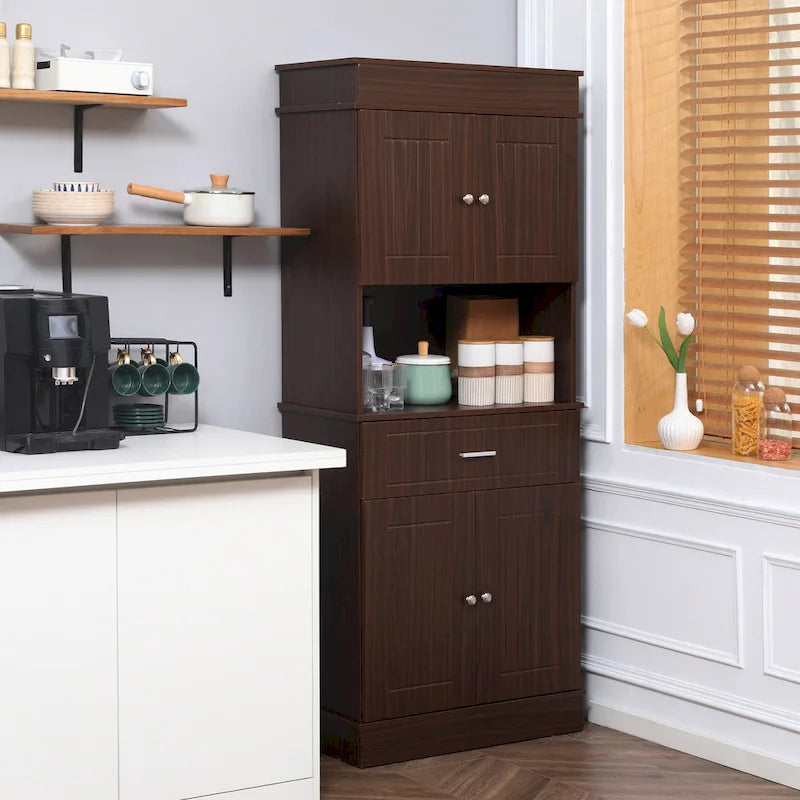 HOMCOM Buffet de cuisine 72" avec huche, Armoire de garde-manger autoportante avec tiroir utilitaire, 2 armoires à portes et comptoir, Marron