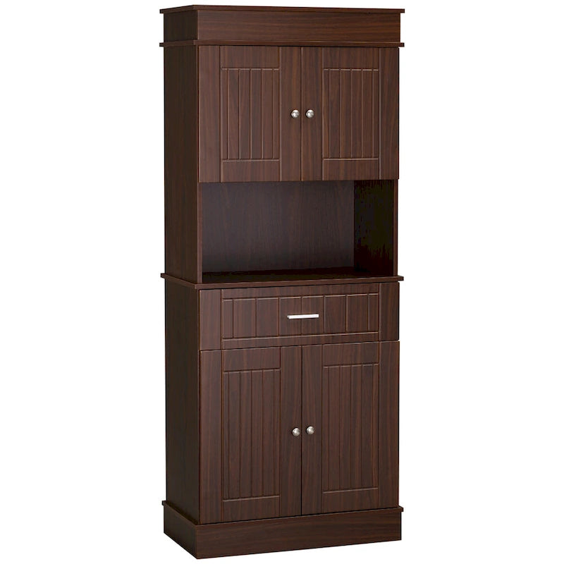 HOMCOM Buffet de cuisine 72" avec huche, Armoire de garde-manger autoportante avec tiroir utilitaire, 2 armoires à portes et comptoir, Marron