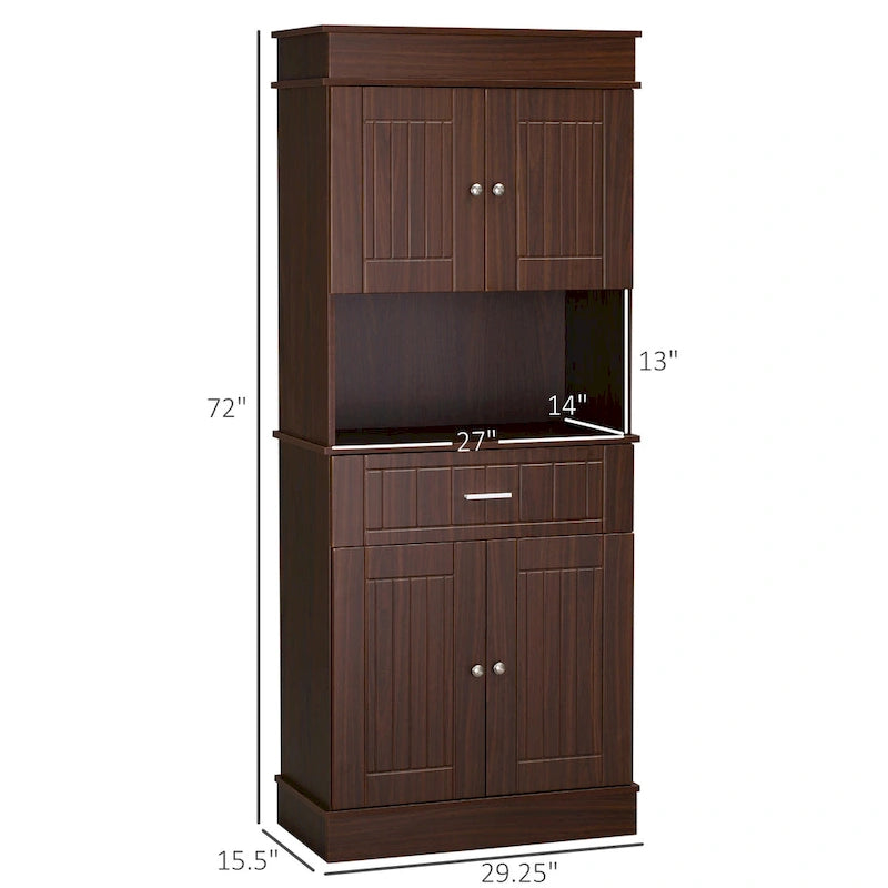 HOMCOM Buffet de cuisine 72" avec huche, Armoire de garde-manger autoportante avec tiroir utilitaire, 2 armoires à portes et comptoir, Marron