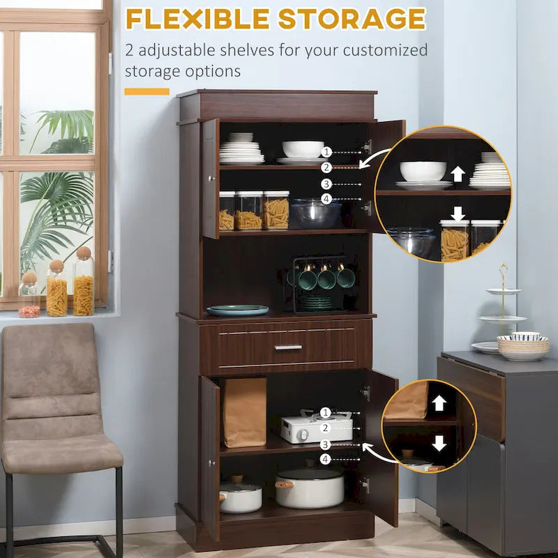 HOMCOM Buffet de cuisine 72" avec huche, Armoire de garde-manger autoportante avec tiroir utilitaire, 2 armoires à portes et comptoir, Marron