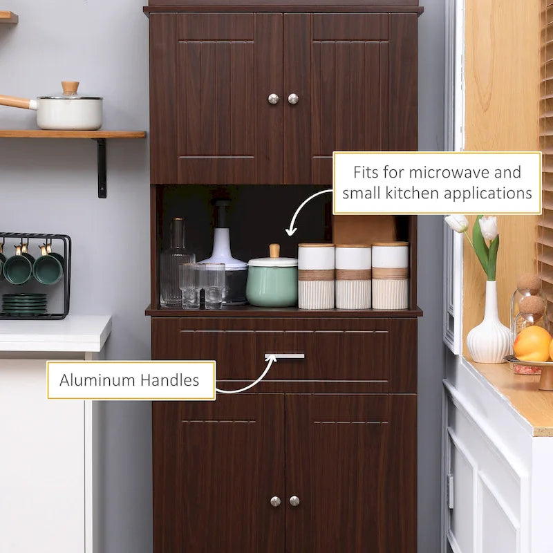 HOMCOM Buffet de cuisine 72" avec huche, Armoire de garde-manger autoportante avec tiroir utilitaire, 2 armoires à portes et comptoir, Marron