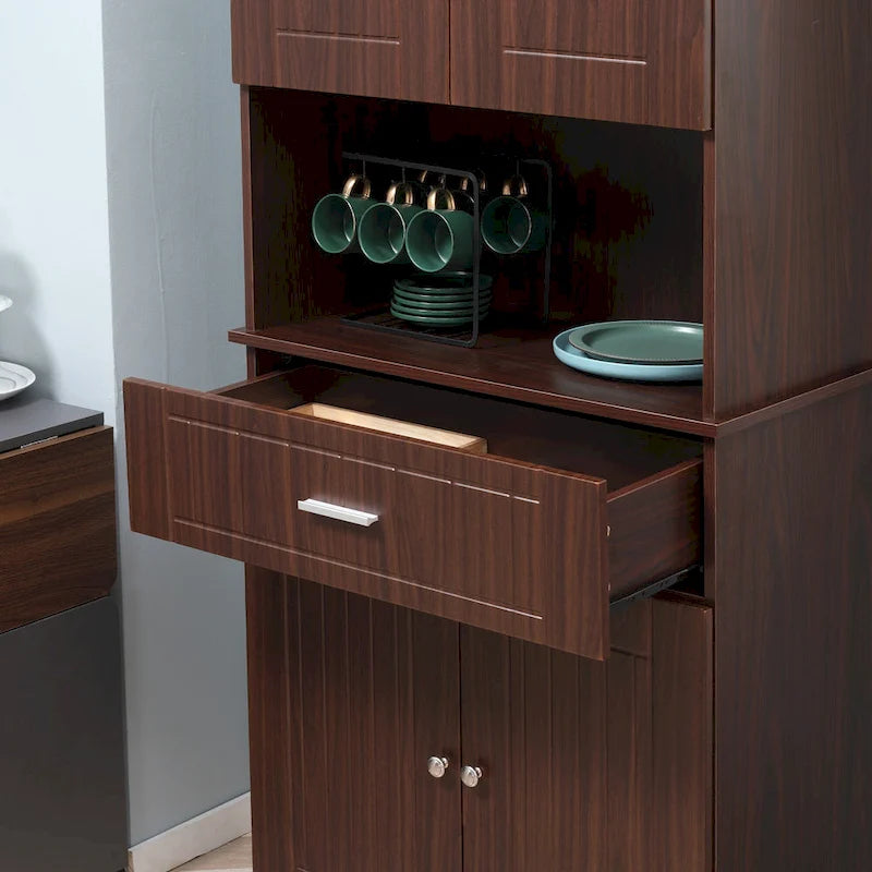 HOMCOM Buffet de cuisine 72" avec huche, Armoire de garde-manger autoportante avec tiroir utilitaire, 2 armoires à portes et comptoir, Marron