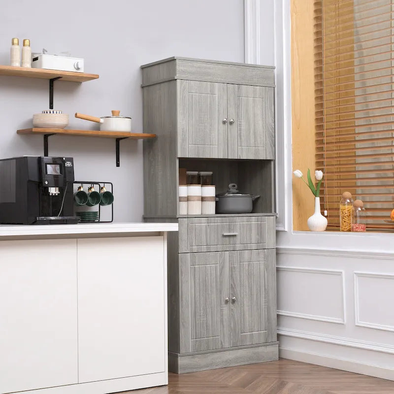 HOMCOM Buffet de cuisine 72" avec huche, Armoire de garde-manger autoportante avec tiroir utilitaire, 2 armoires à portes et comptoir, Marron