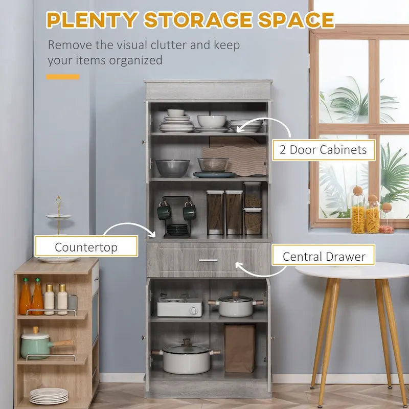 HOMCOM Buffet de cuisine 72" avec huche, Armoire de garde-manger autoportante avec tiroir utilitaire, 2 armoires à portes et comptoir, Marron
