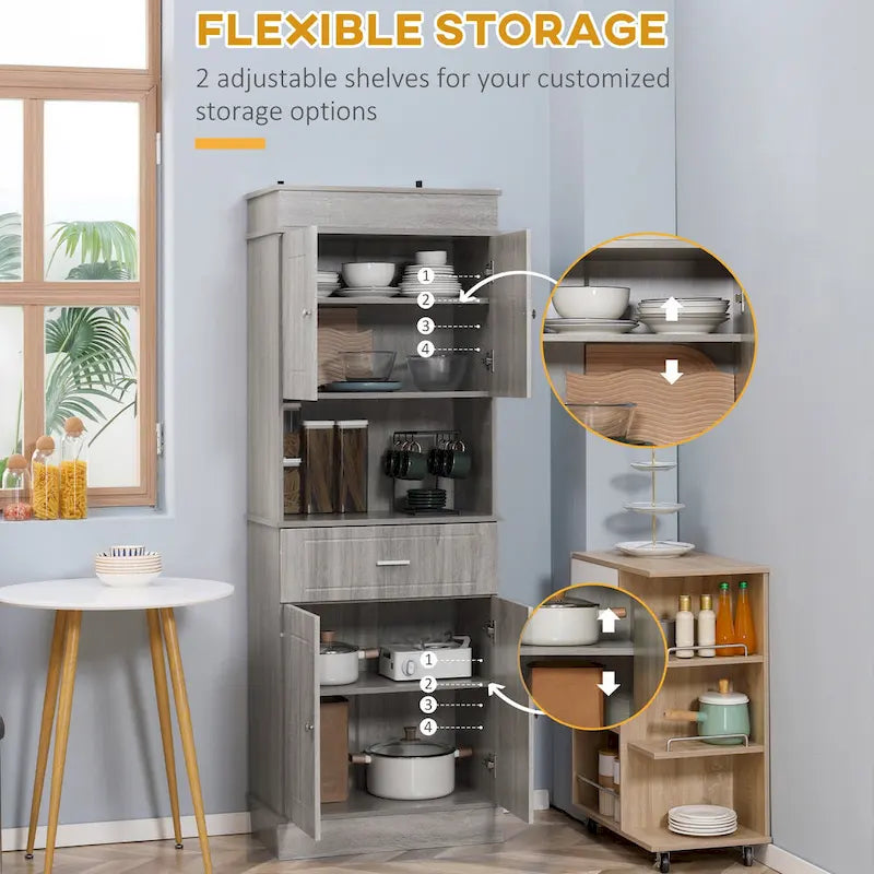 HOMCOM Buffet de cuisine 72" avec huche, Armoire de garde-manger autoportante avec tiroir utilitaire, 2 armoires à portes et comptoir, Marron