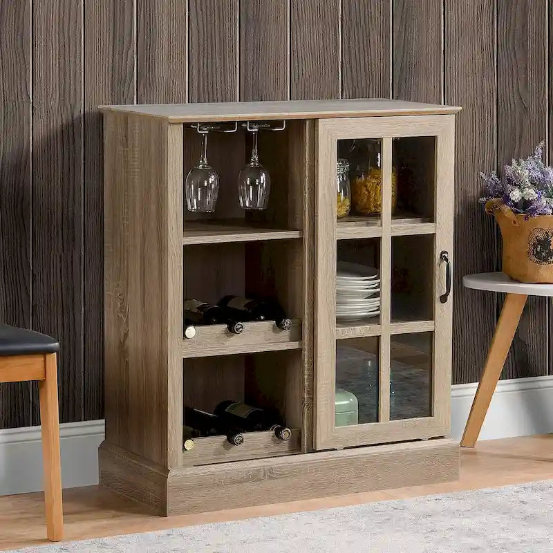 HOMCOM Buffet avec porte coulissante en verre, meuble bar, buffet avec range-bouteilles 6 bouteilles et porte-verres, marron