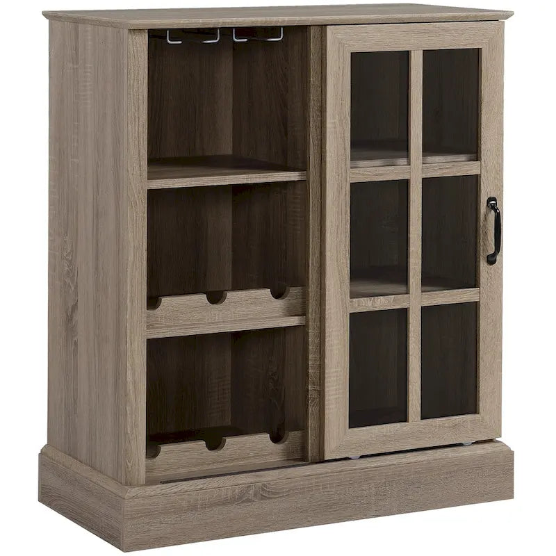 HOMCOM Buffet avec porte coulissante en verre, meuble bar, buffet avec range-bouteilles 6 bouteilles et porte-verres, marron