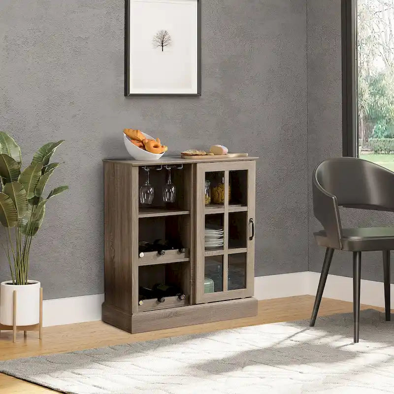 HOMCOM Buffet avec porte coulissante en verre, meuble bar, buffet avec range-bouteilles 6 bouteilles et porte-verres, marron