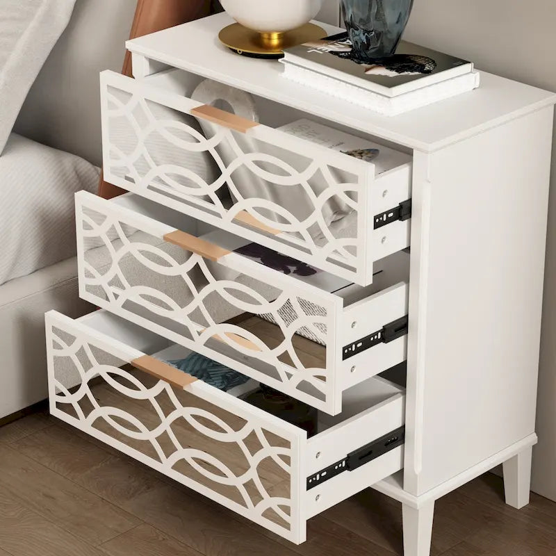 Commode miroir laquée avec 26 tiroirs, blanc/doré