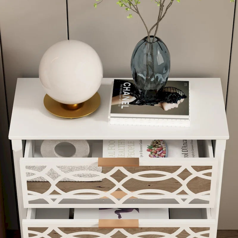Commode miroir laquée avec 26 tiroirs, blanc/doré