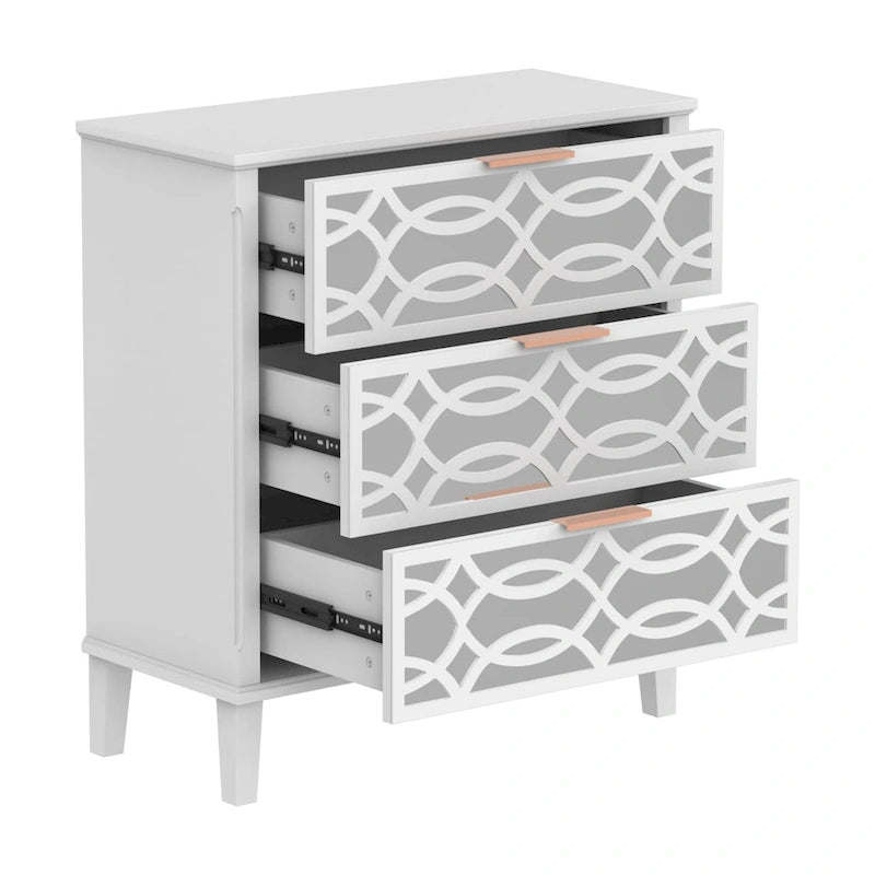 Commode miroir laquée avec 26 tiroirs, blanc/doré