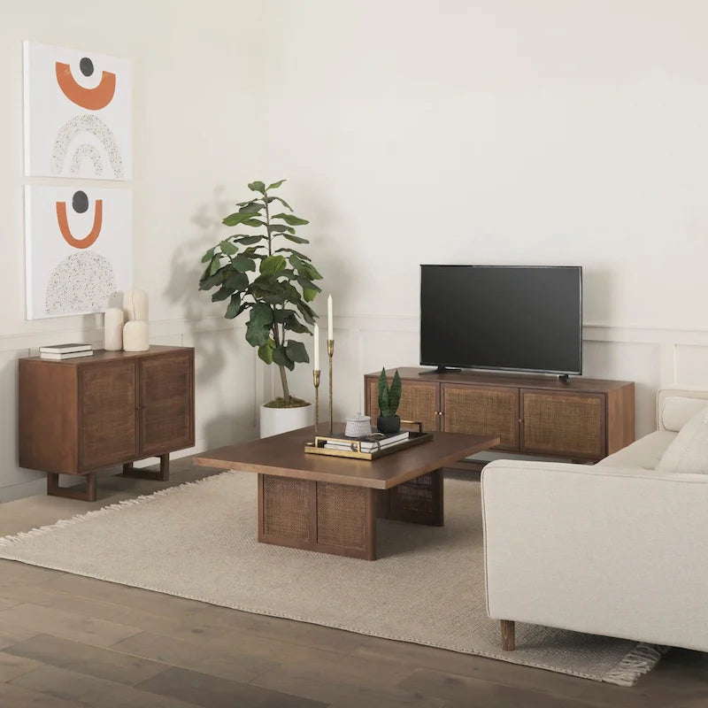 Meuble d'appoint Grier en bois massif brun moyen avec portes en rotin