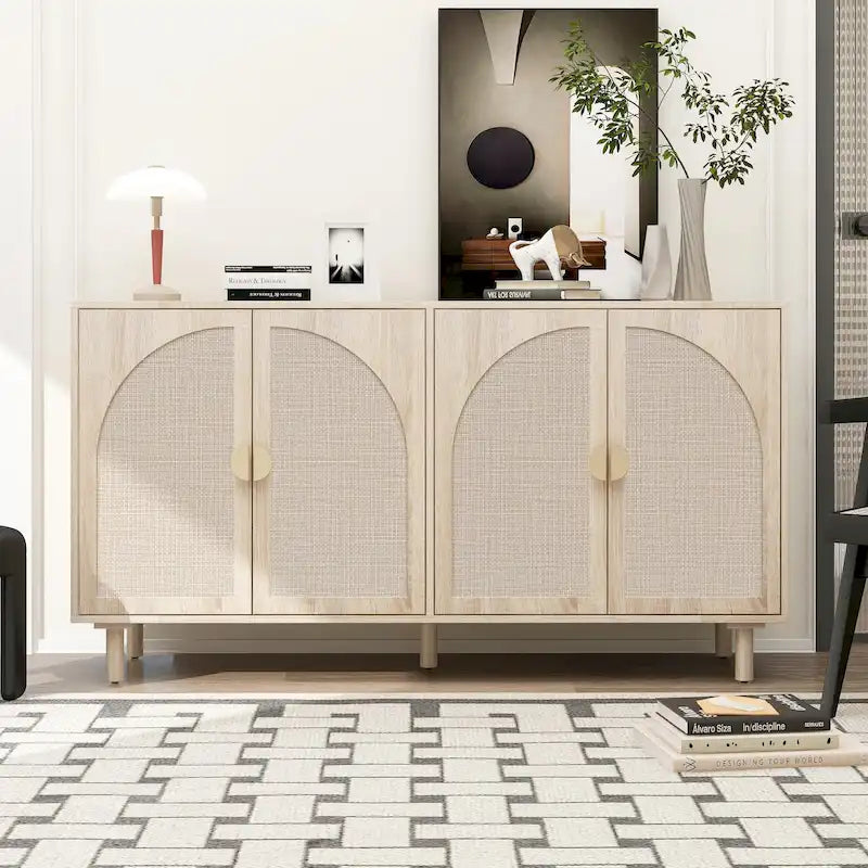 Meuble de rangement 4 portes en rotin avec étagères réglables