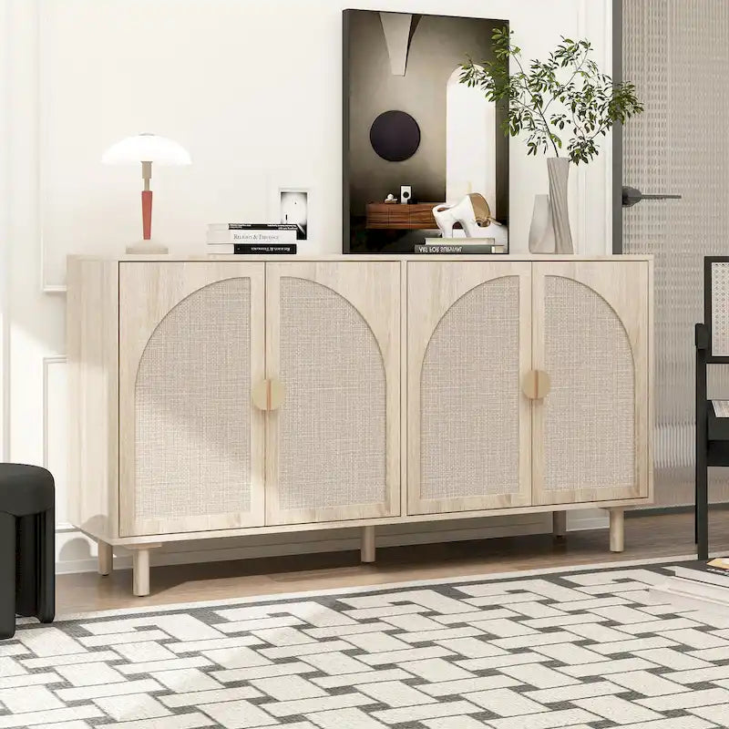 Meuble de rangement 4 portes en rotin avec étagères réglables