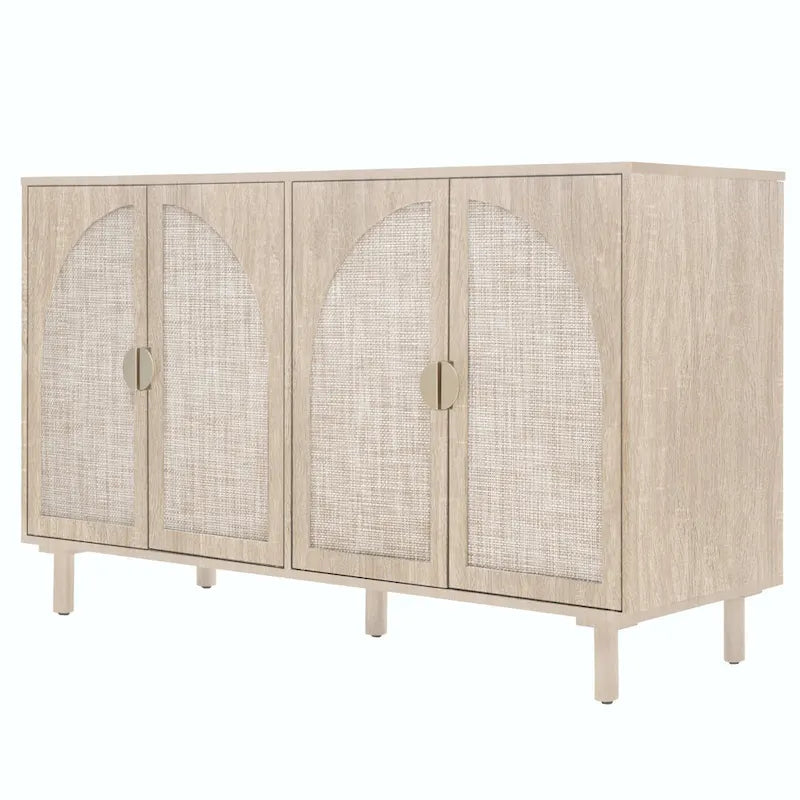 Meuble de rangement 4 portes en rotin avec étagères réglables