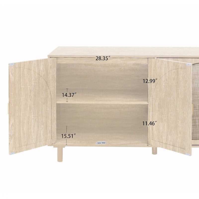 Meuble de rangement 4 portes en rotin avec étagères réglables