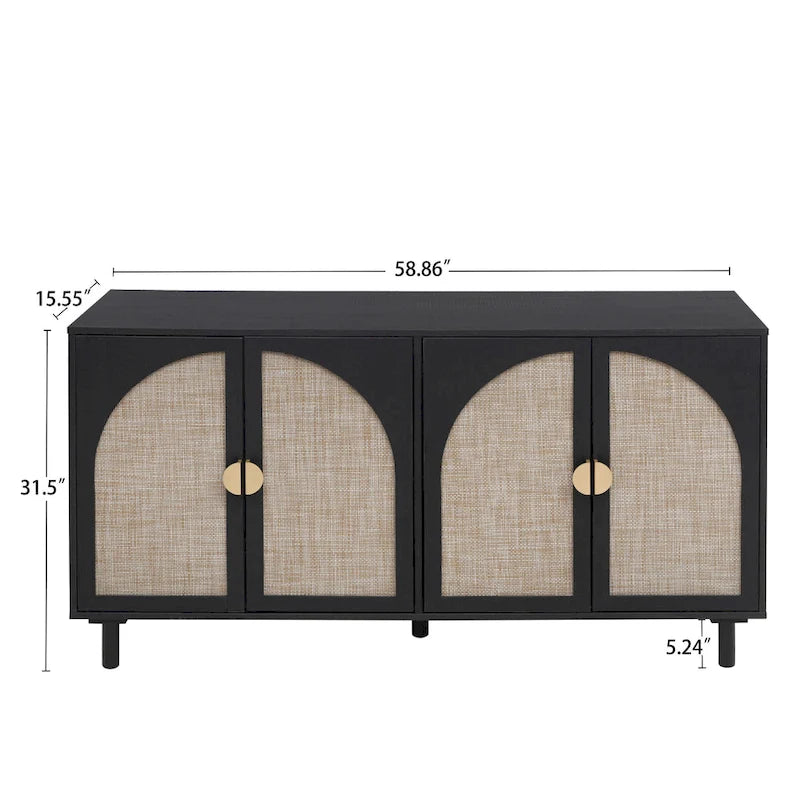 Meuble de rangement 4 portes en rotin avec étagères réglables