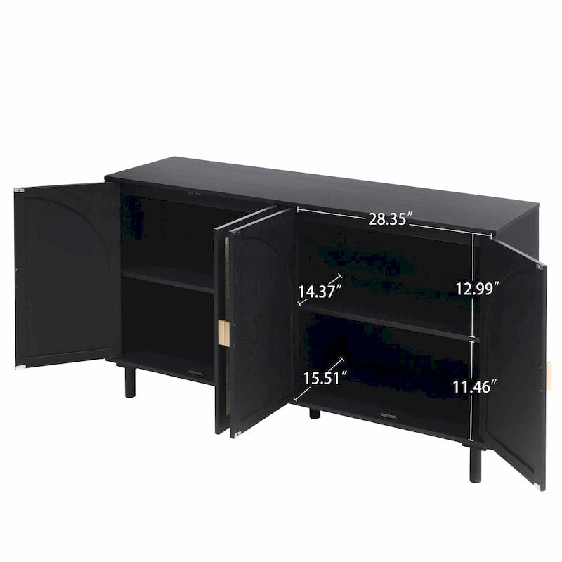Meuble de rangement 4 portes en rotin avec étagères réglables