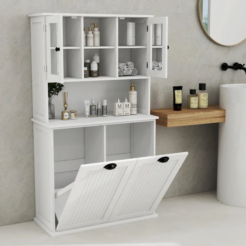 Armoire de salle de bain haute avec panier à linge sale à bascule à deux compartiments