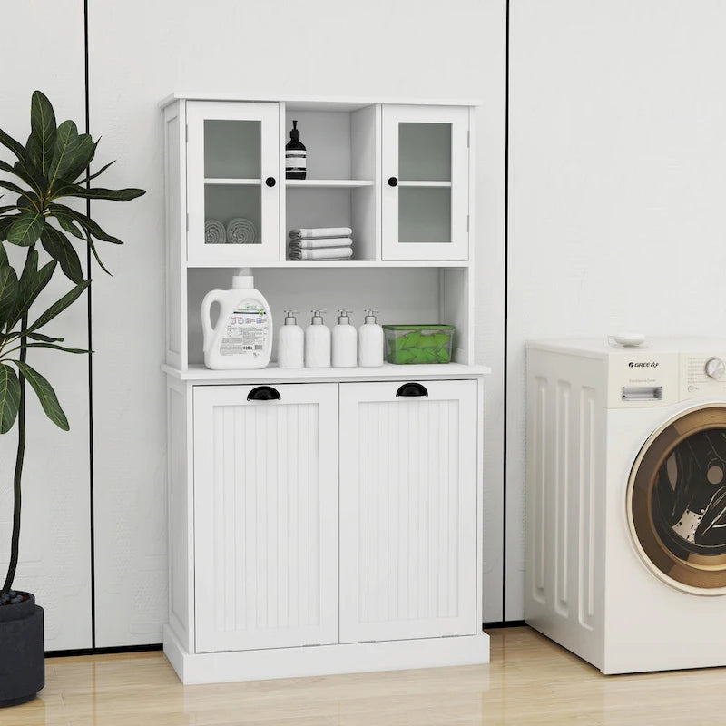 Armoire de salle de bain haute avec panier à linge sale à bascule à deux compartiments