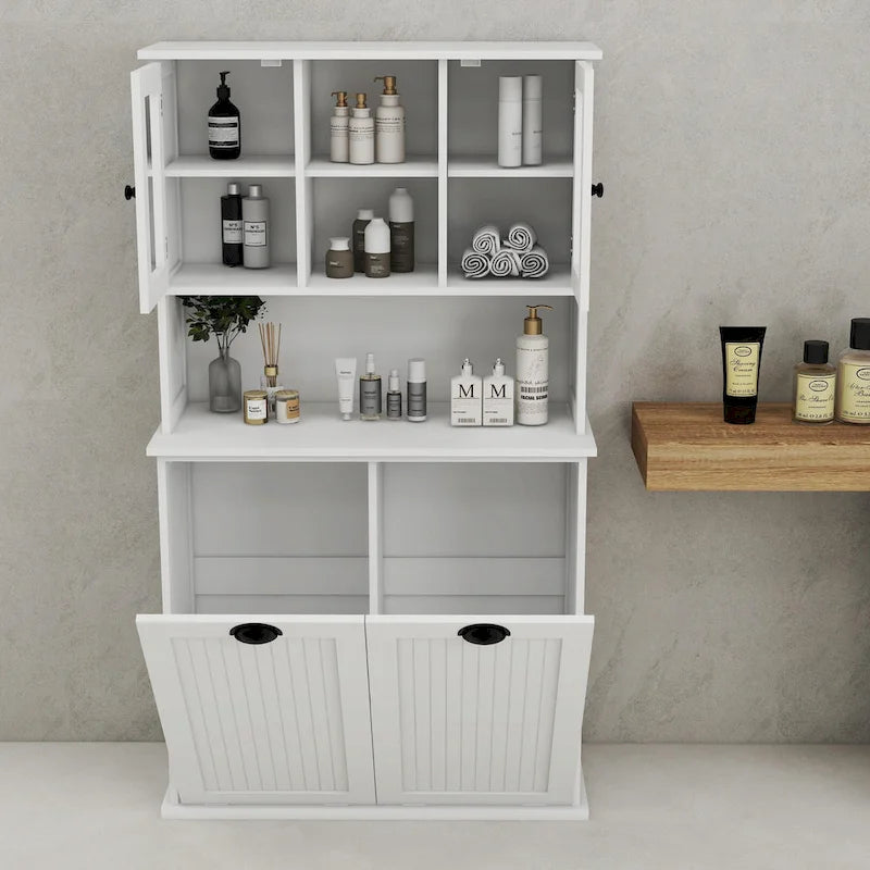 Armoire de salle de bain haute avec panier à linge sale à bascule à deux compartiments