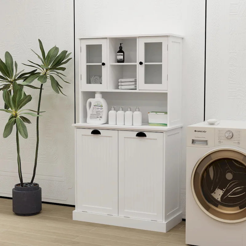 Armoire de salle de bain haute avec panier à linge sale à bascule à deux compartiments