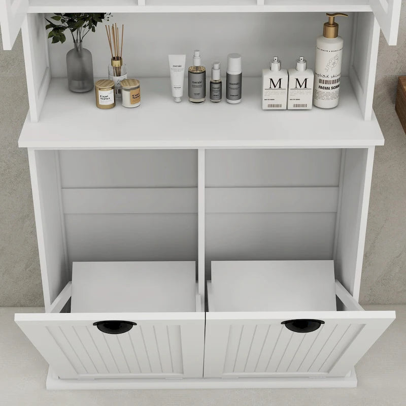 Armoire de salle de bain haute avec panier à linge sale à bascule à deux compartiments