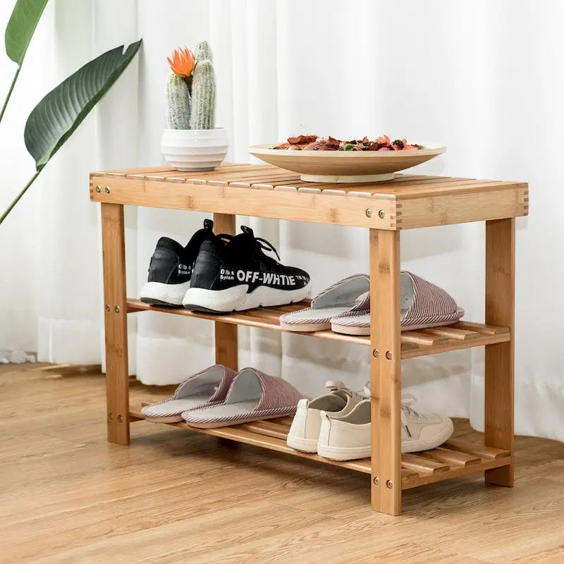Banc à chaussures 2 niveaux en bambou avec rangements d'entrée - 27.5L x 11.0W x 18.0H