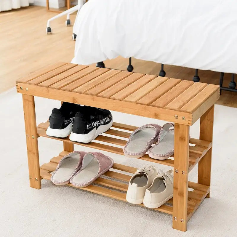 Banc à chaussures 2 niveaux en bambou avec rangements d'entrée - 27.5L x 11.0W x 18.0H
