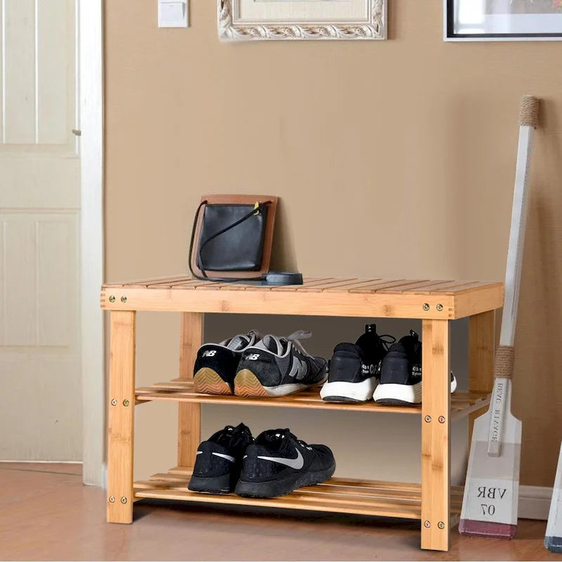 Banc à chaussures 2 niveaux en bambou avec rangements d'entrée - 27.5L x 11.0W x 18.0H