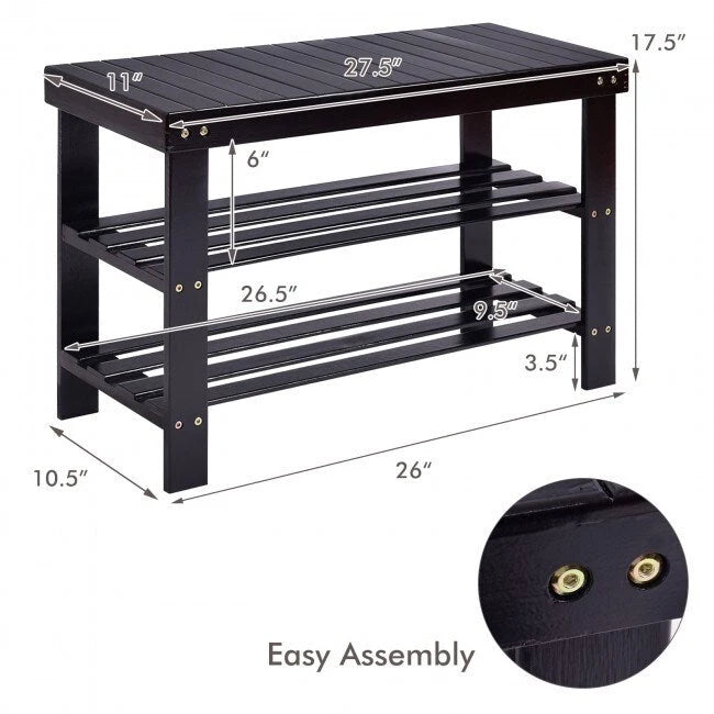 Banc de rangement à chaussures à 3 niveaux en bambou - 27,5 x 11 x 17,5 (L x l x H)