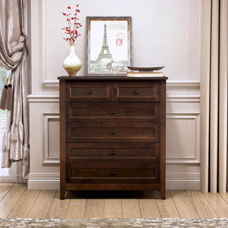 Meuble d'appoint moderne de 109 cm en bois massif avec 6 tiroirs et poignées rondes rétro