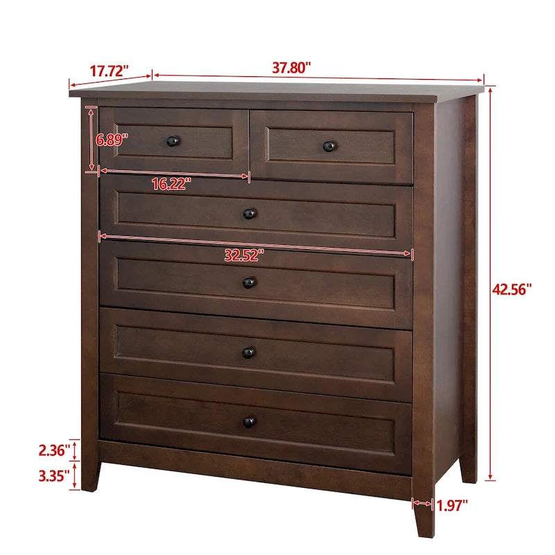 Meuble d'appoint moderne de 109 cm en bois massif avec 6 tiroirs et poignées rondes rétro